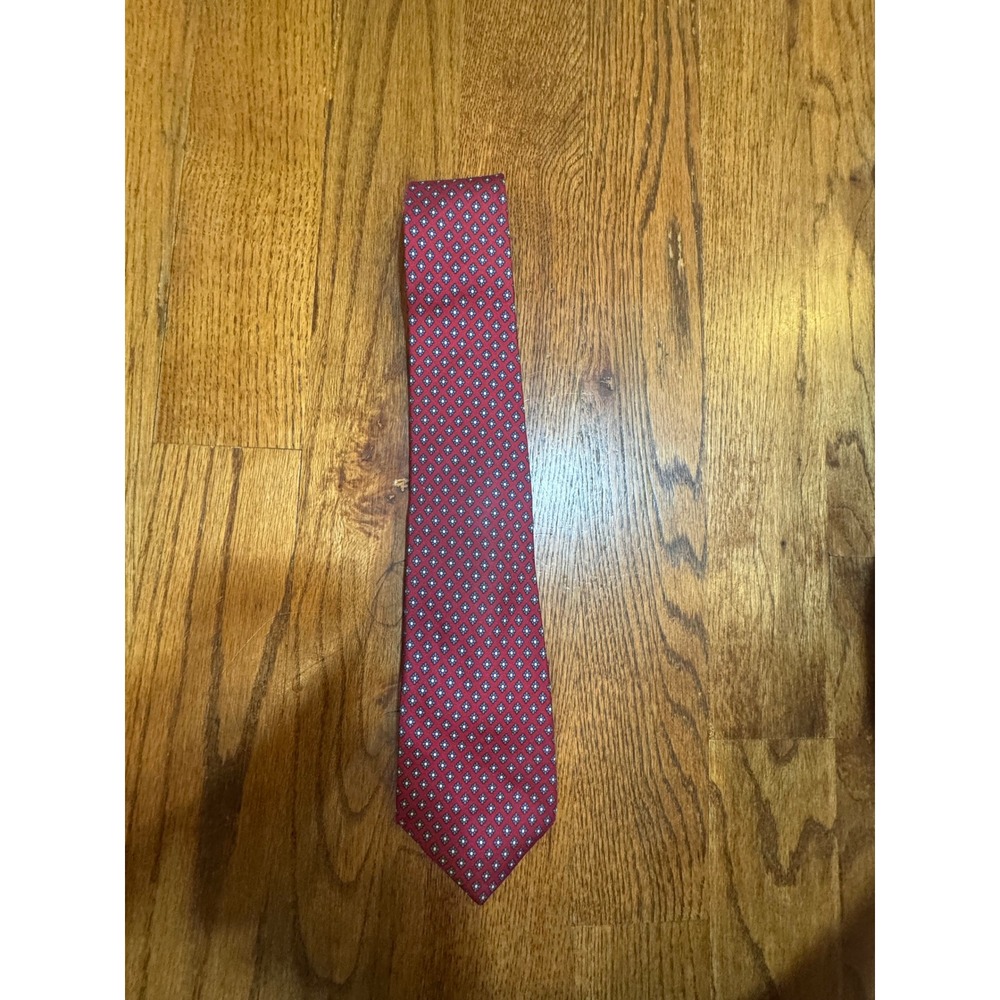 Christian Dior Mens Silk Tie Burgundy Red Geometric Medallion Woven Italy USA